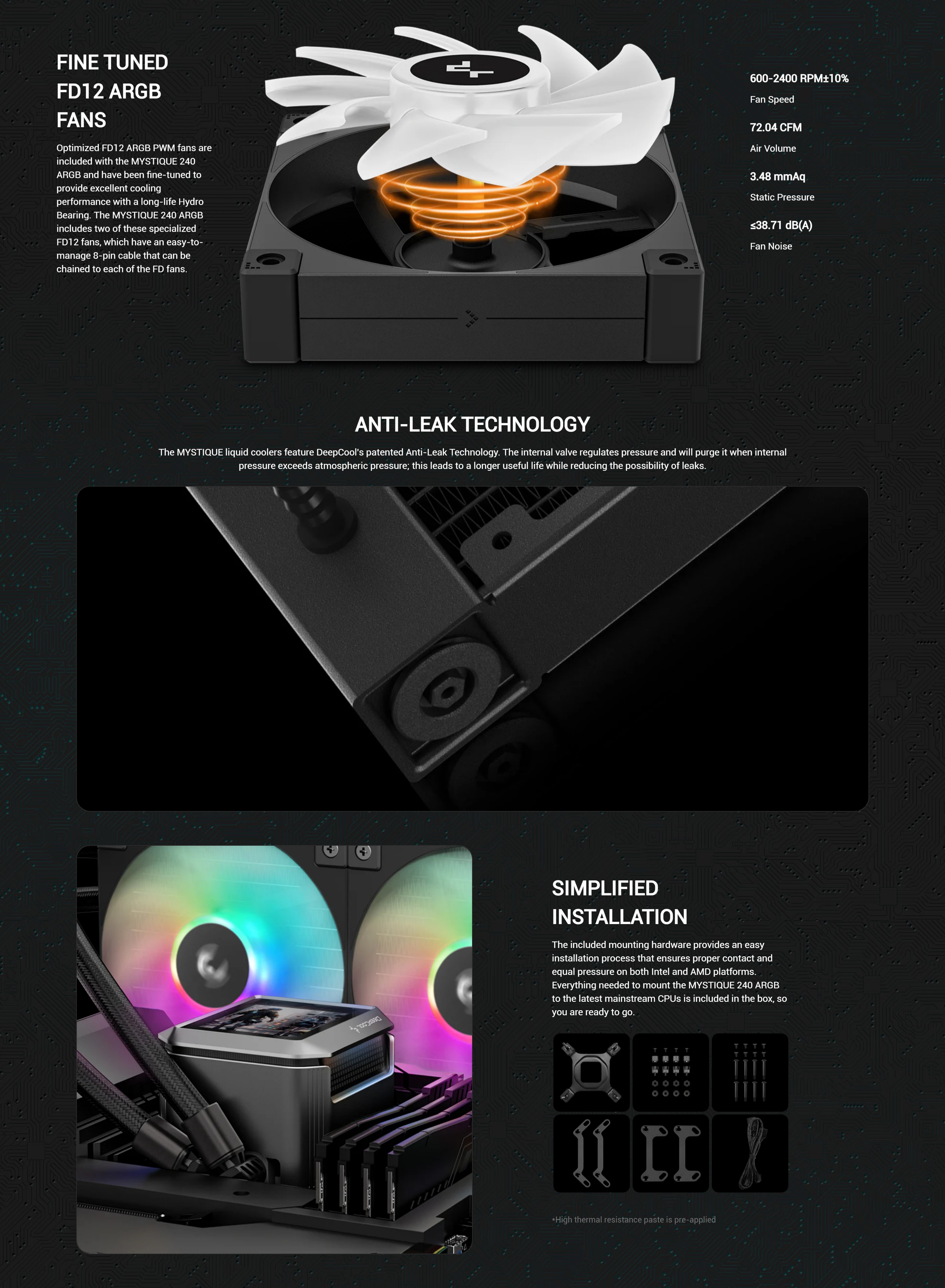 A large marketing image providing additional information about the product DeepCool MYSTIQUE 240 ARGB AIO Liquid CPU Cooler - Black - Additional alt info not provided